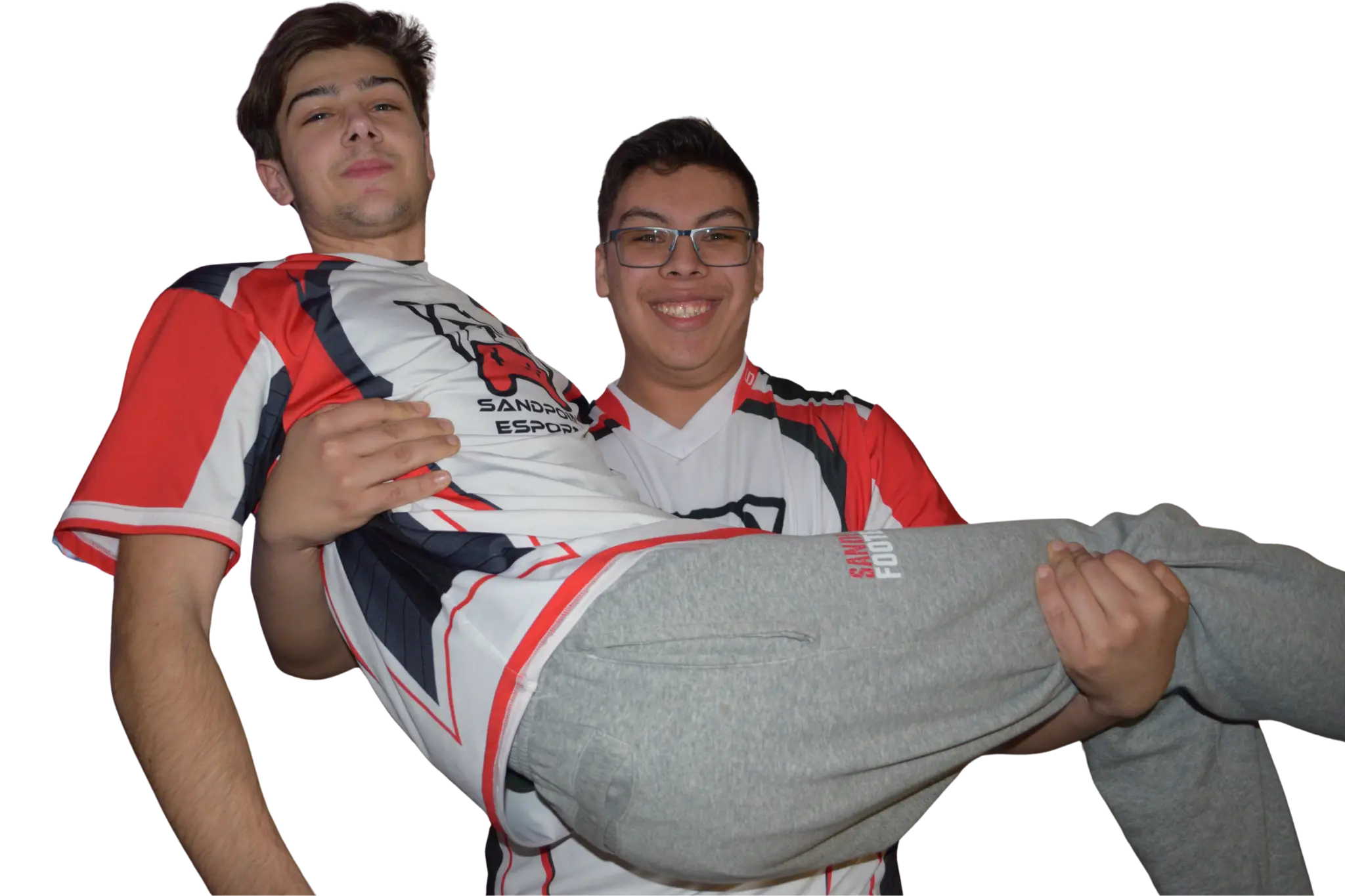 Featured player: One player carrying another smiling